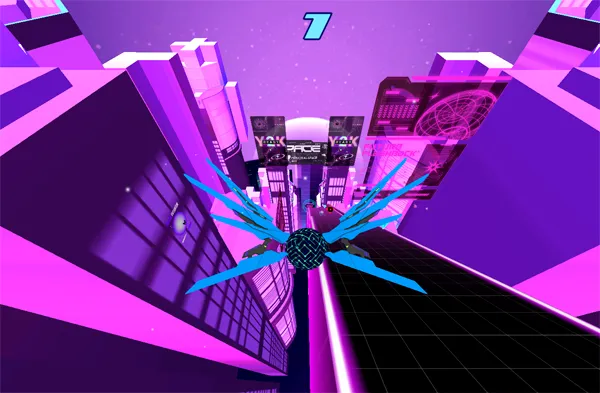 Slope Cyber in-game rooftop run with neon city around the ball